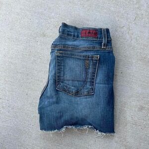 Y2K PL-II by CY Denim Jean Shorts Women's Size 7, 28‎ In Blue Frayed Hem Casual